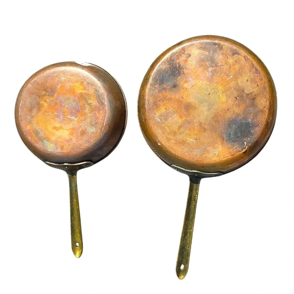 Vintage Made in Portugal Copper Skillet Set 2pc Brass Handles Tin Lined 10in 7in
